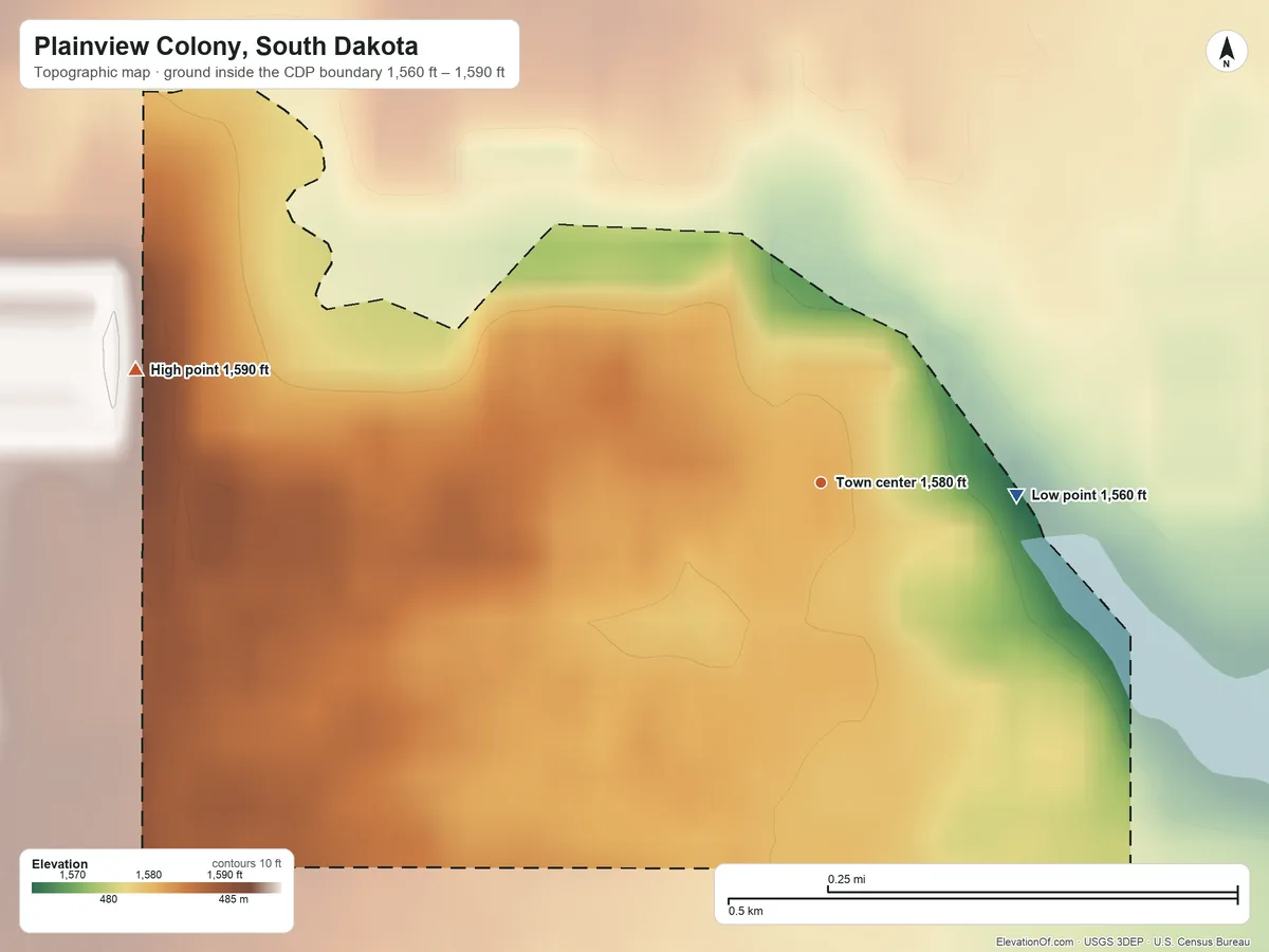 Topographic elevation map of Plainview Colony, South Dakota, shaded from 1,560 ft on the east side to 1,590 ft on the west side