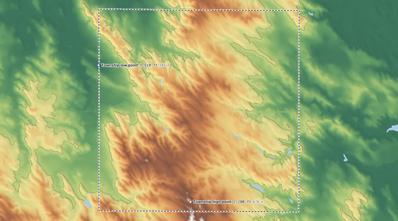 Topographic elevation map of Plainview Township, South Dakota, shaded from 1,910 ft on the northwest side to 2,200 ft on the south side