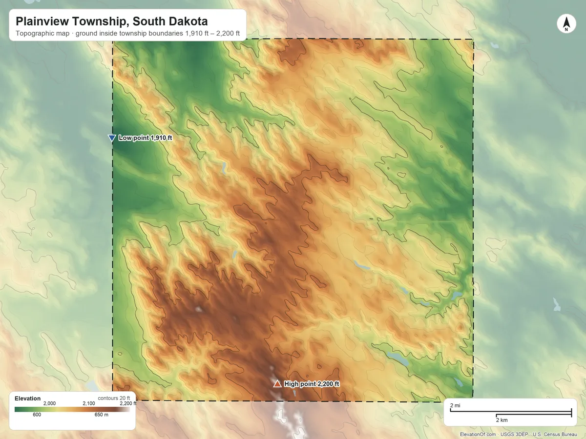 Topographic elevation map of Plainview Township, South Dakota, shaded from 1,910 ft on the northwest side to 2,200 ft on the south side