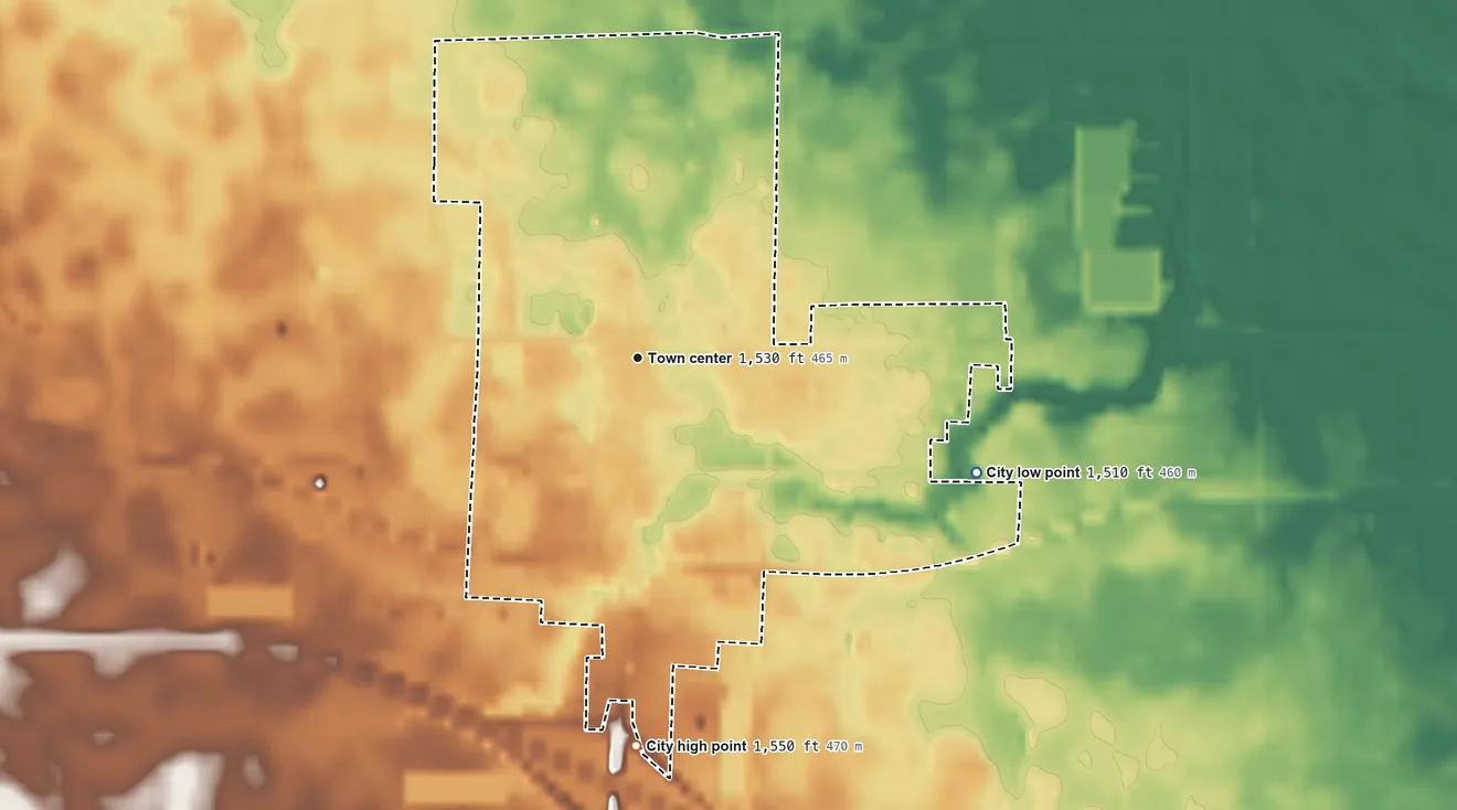 Topographic elevation map of Plankinton, South Dakota, shaded from 1,510 ft on the east side to 1,550 ft on the south side