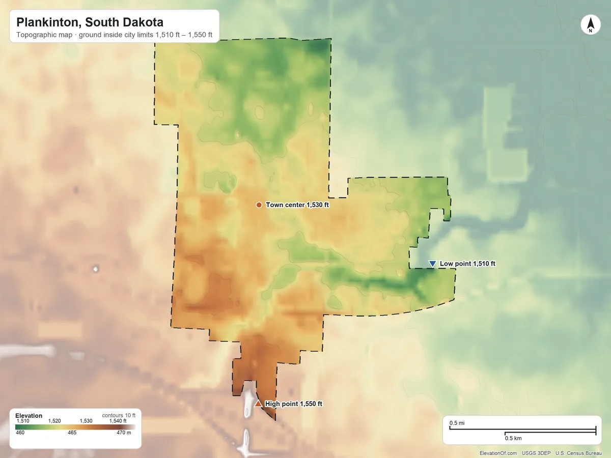 Topographic elevation map of Plankinton, South Dakota, shaded from 1,510 ft on the east side to 1,550 ft on the south side