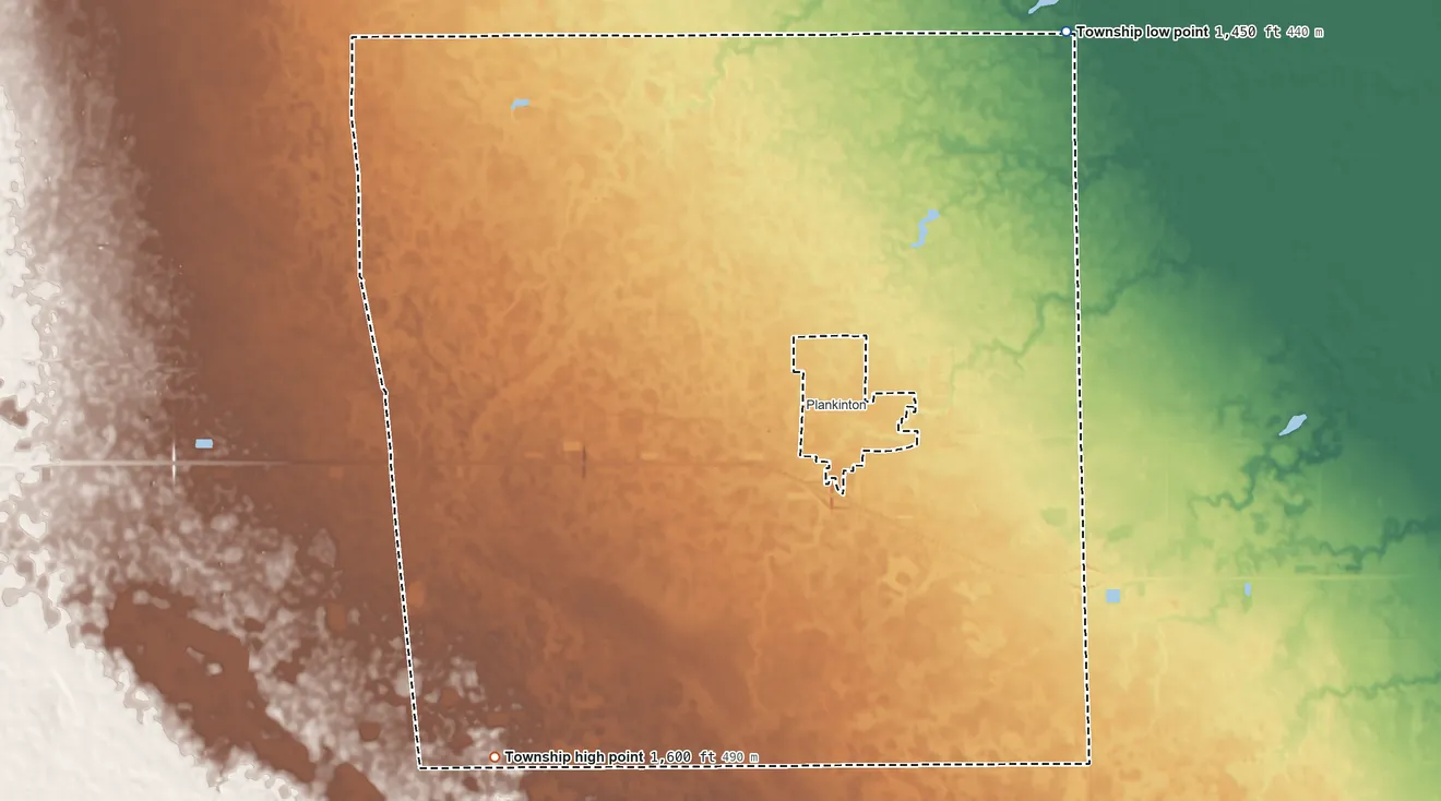 Topographic elevation map of Plankinton Township, South Dakota, shaded from 1,450 ft on the northeast side to 1,600 ft on the southwest side
