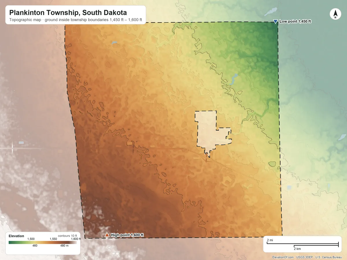 Topographic elevation map of Plankinton Township, South Dakota, shaded from 1,450 ft on the northeast side to 1,600 ft on the southwest side