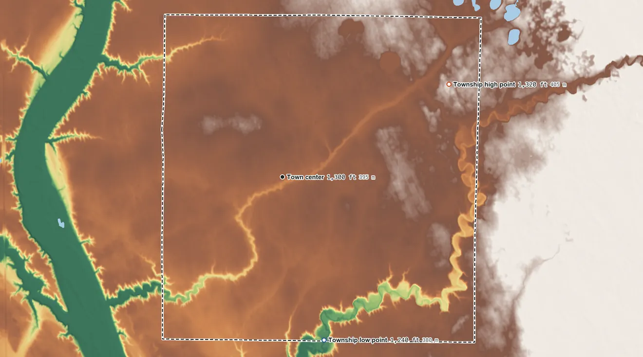 Topographic elevation map of Plano Township, South Dakota, shaded from 1,240 ft on the south side to 1,320 ft on the northeast side