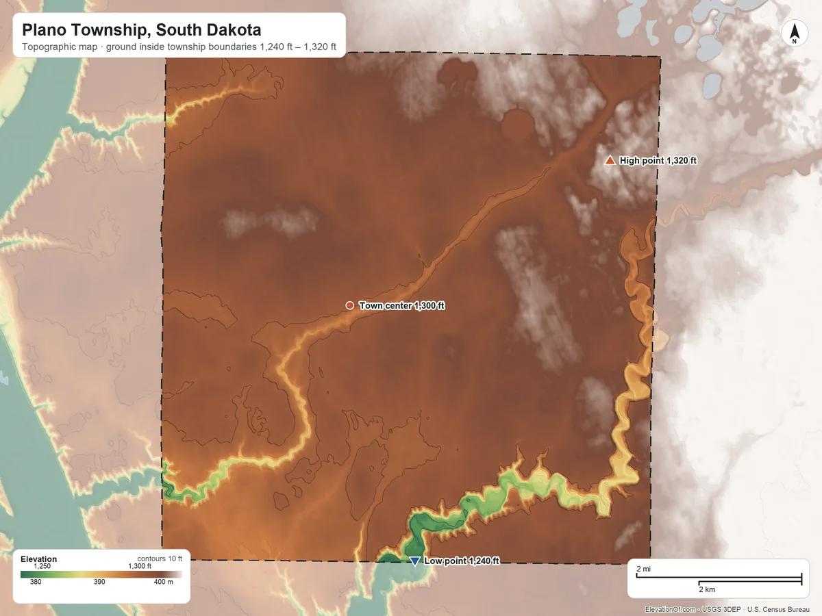 Topographic elevation map of Plano Township, South Dakota, shaded from 1,240 ft on the south side to 1,320 ft on the northeast side