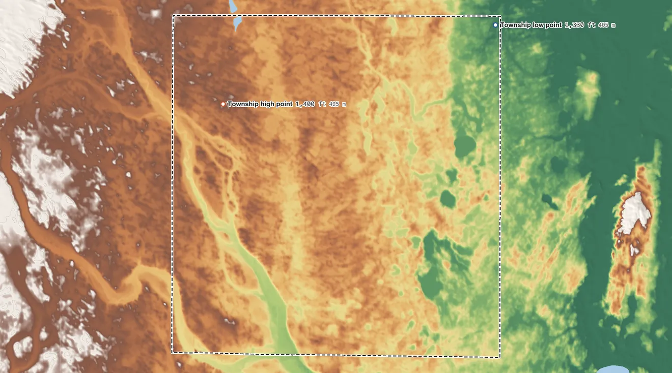 Topographic elevation map of Plato Township, South Dakota, shaded from 1,330 ft on the northeast side to 1,400 ft on the northwest side