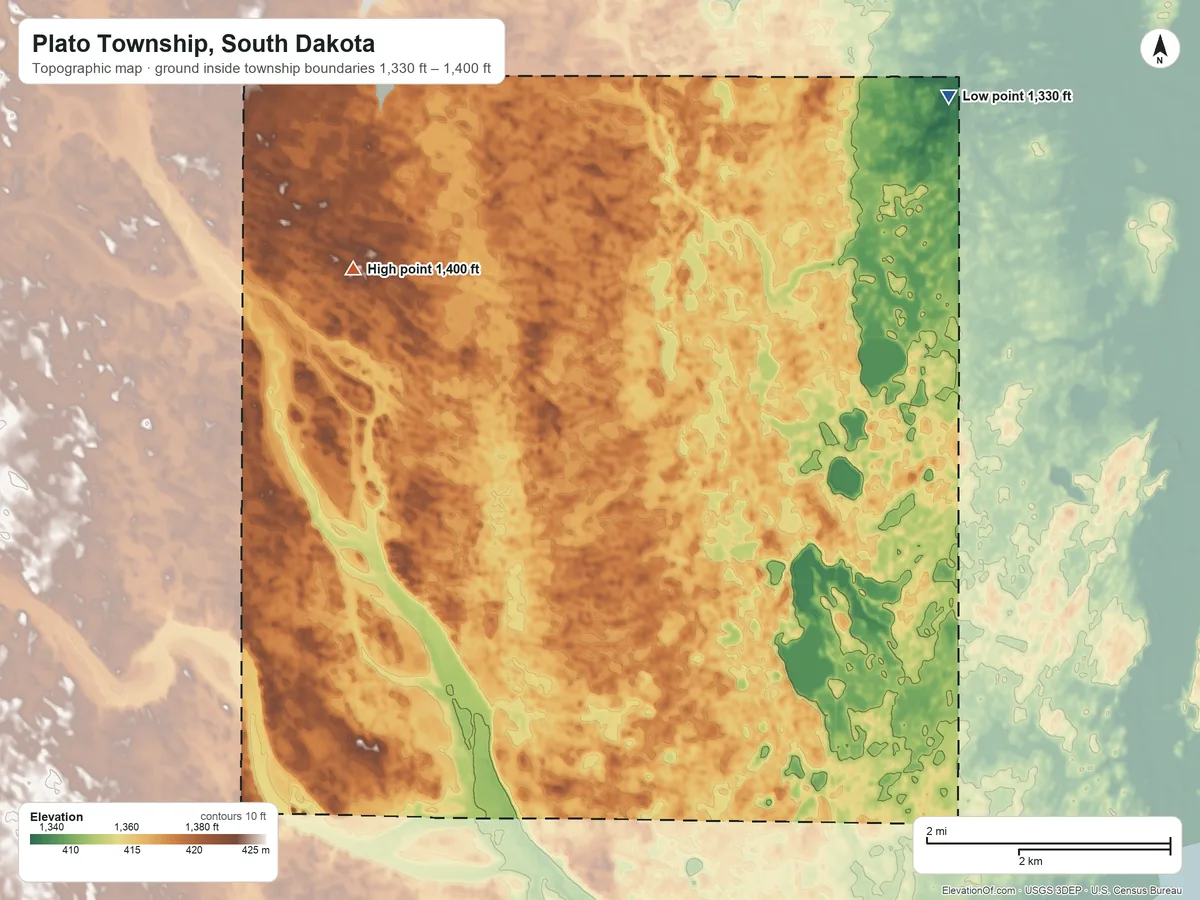 Topographic elevation map of Plato Township, South Dakota, shaded from 1,330 ft on the northeast side to 1,400 ft on the northwest side