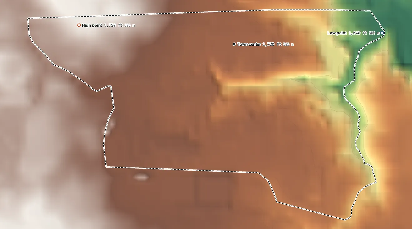 Topographic elevation map of Platte Colony, South Dakota, shaded from 1,640 ft on the east side to 1,750 ft on the west side