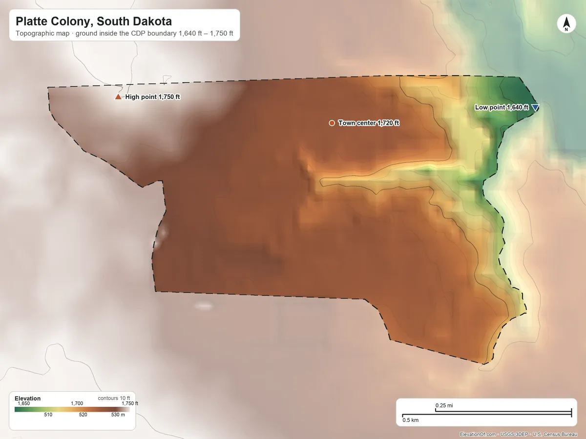Topographic elevation map of Platte Colony, South Dakota, shaded from 1,640 ft on the east side to 1,750 ft on the west side