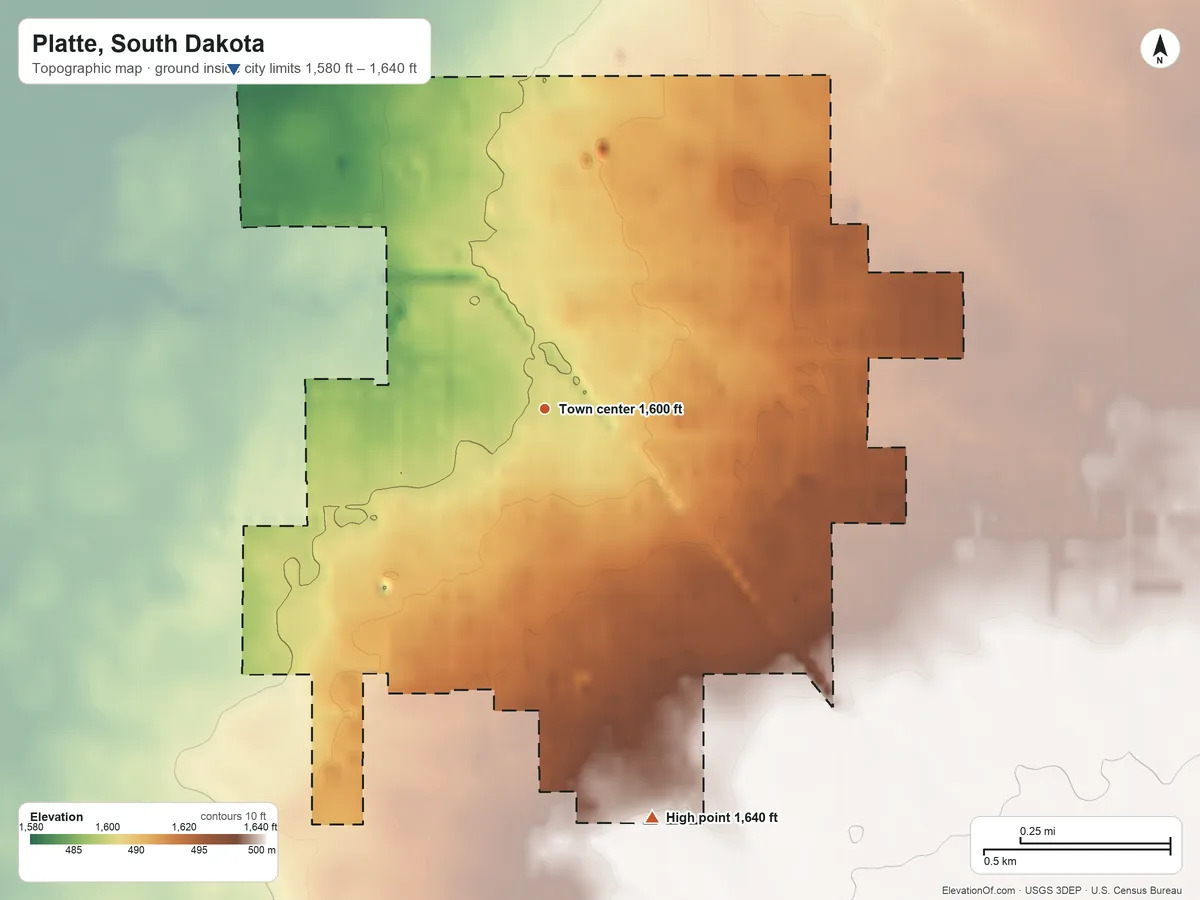 Topographic elevation map of Platte, South Dakota, shaded from 1,580 ft on the northwest side to 1,640 ft on the south side