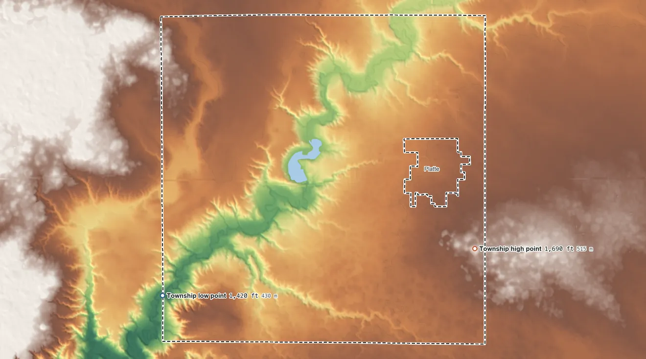 Topographic elevation map of Platte Township, South Dakota, shaded from 1,420 ft on the southwest side to 1,690 ft on the southeast side