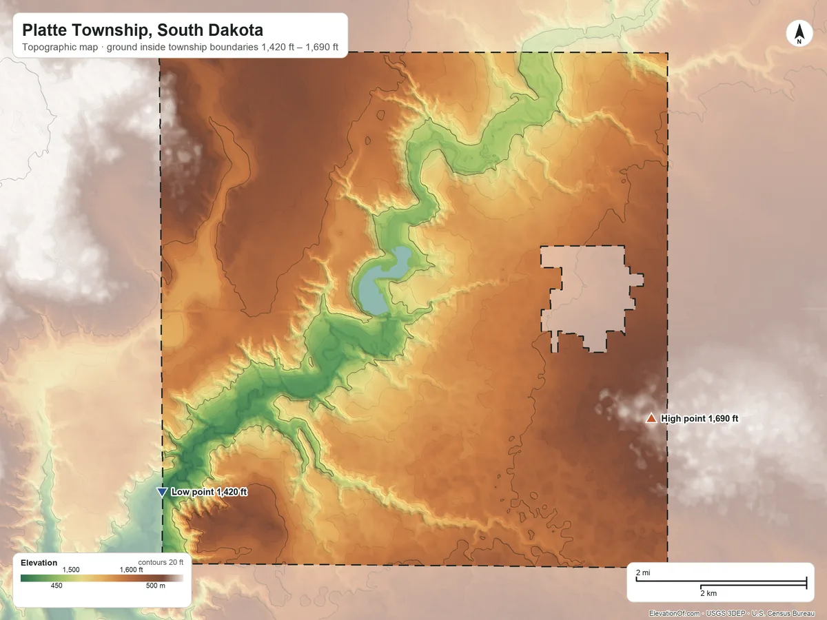 Topographic elevation map of Platte Township, South Dakota, shaded from 1,420 ft on the southwest side to 1,690 ft on the southeast side