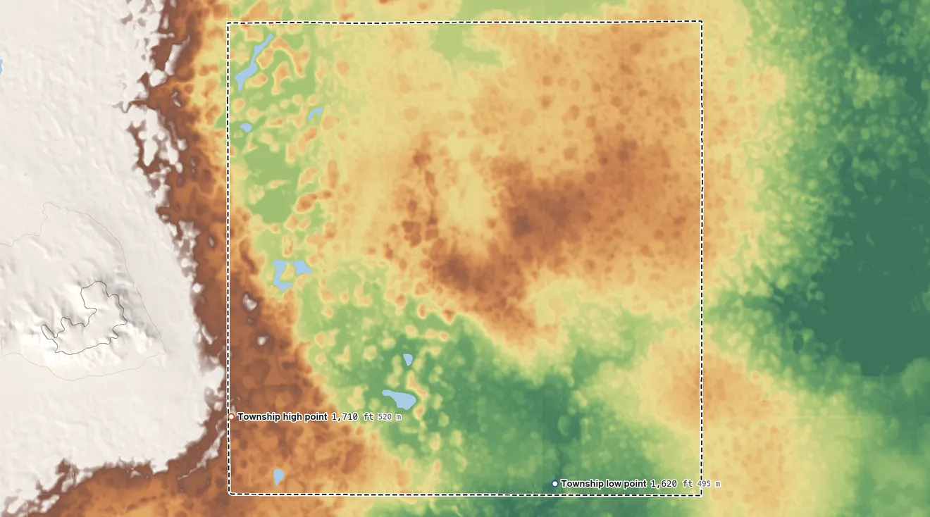 Topographic elevation map of Pleasant Grove Township, South Dakota, shaded from 1,620 ft on the southeast side to 1,710 ft at the foot of the Bijou Hills