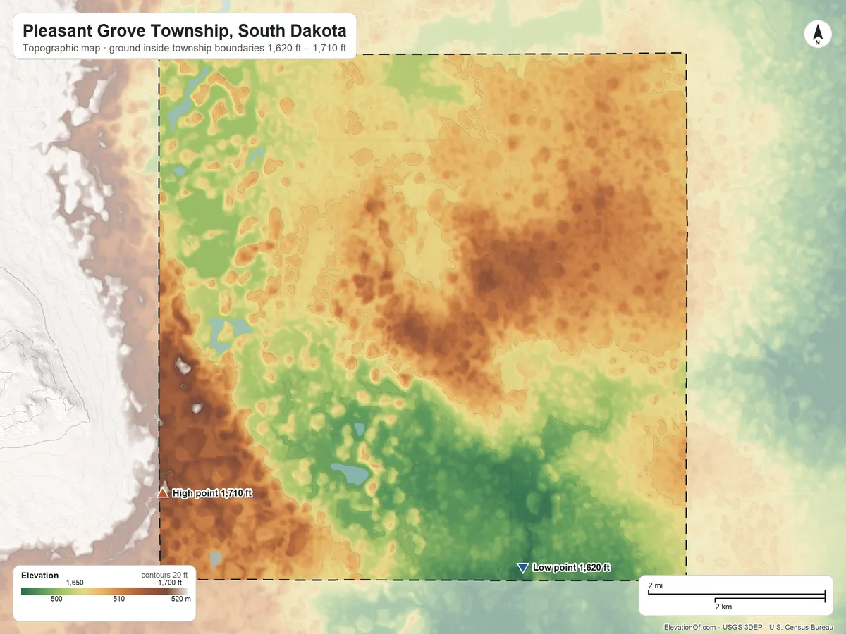 Topographic elevation map of Pleasant Grove Township, South Dakota, shaded from 1,620 ft on the southeast side to 1,710 ft at the foot of the Bijou Hills