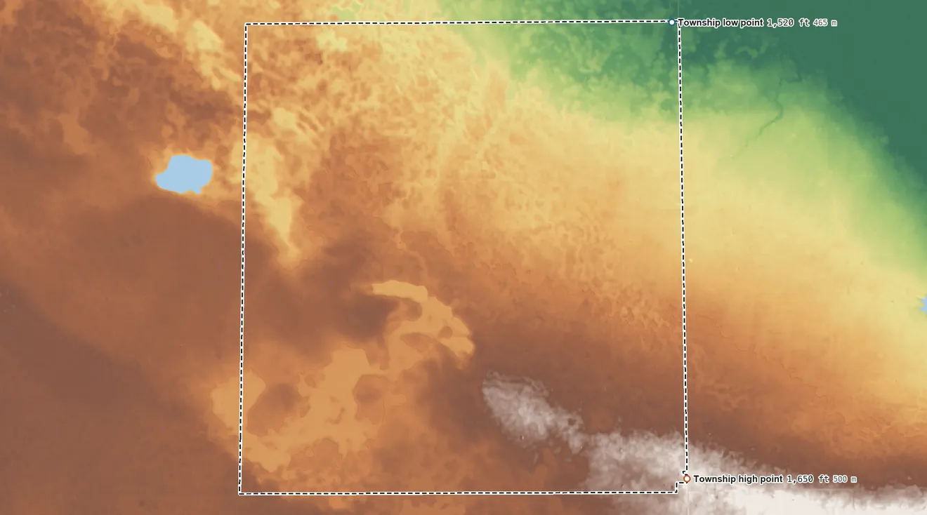 Topographic elevation map of Pleasant Lake Township, South Dakota, shaded from 1,520 ft on the northeast side to 1,650 ft on the southeast side