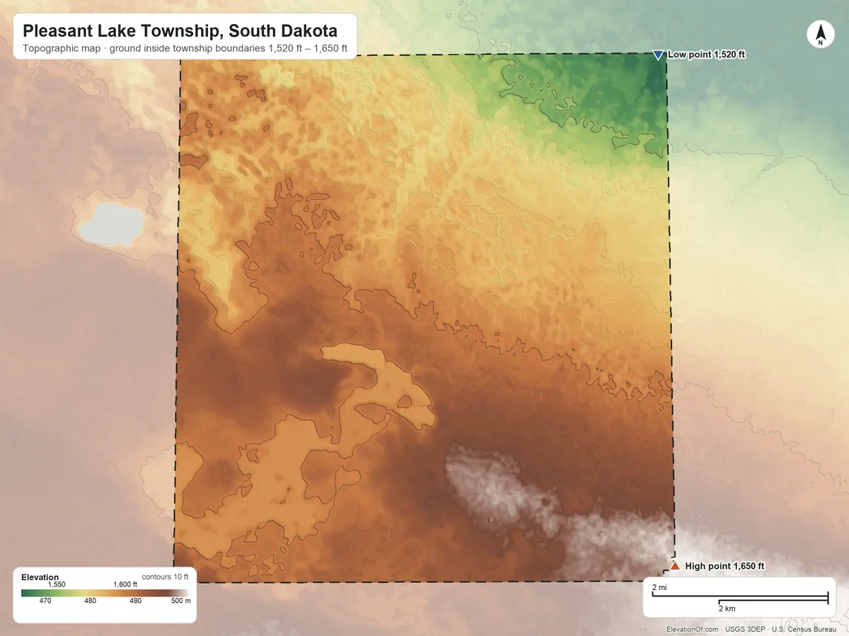 Topographic elevation map of Pleasant Lake Township, South Dakota, shaded from 1,520 ft on the northeast side to 1,650 ft on the southeast side