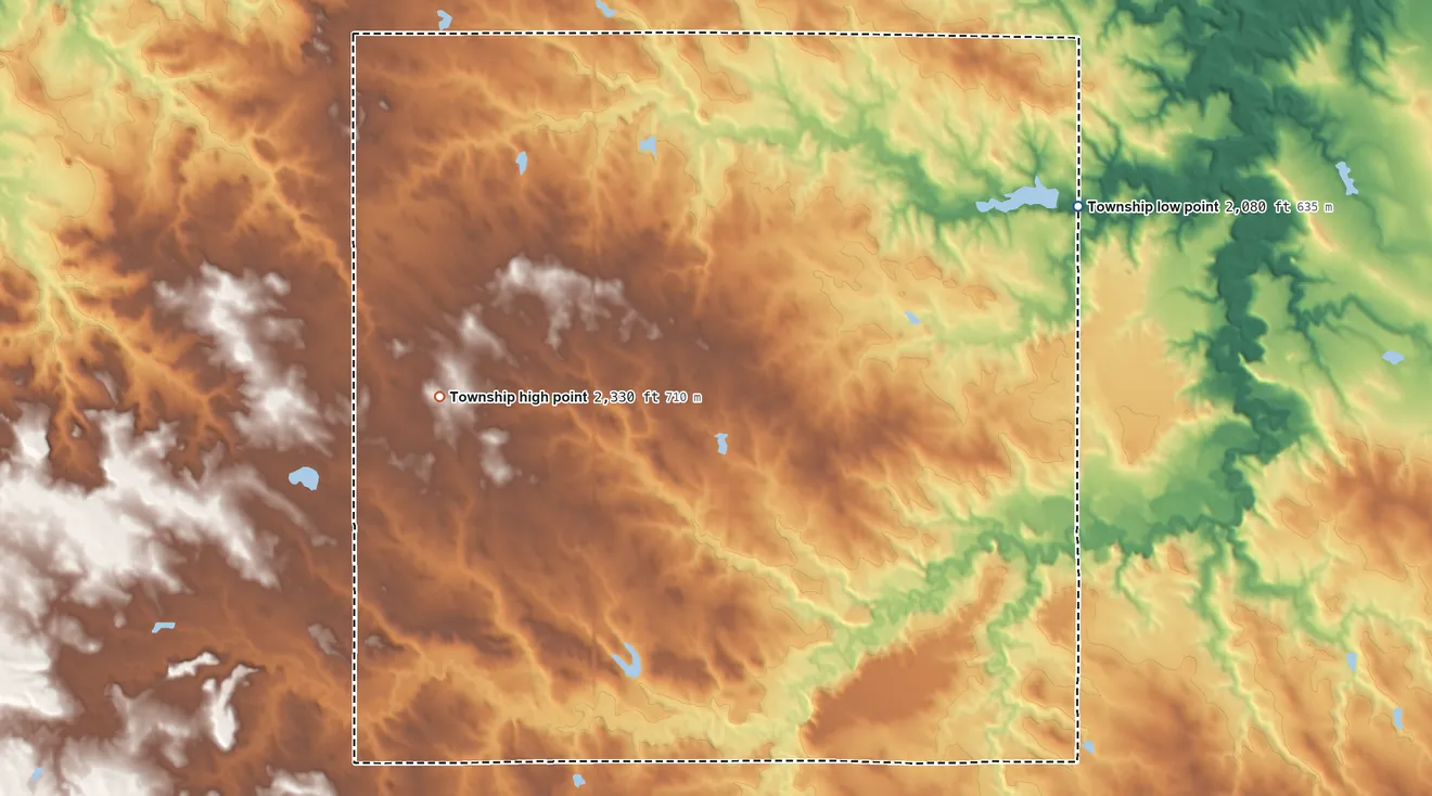 Topographic elevation map of Pleasant Ridge Township, South Dakota, shaded from 2,080 ft on the northeast side to 2,330 ft on the west side