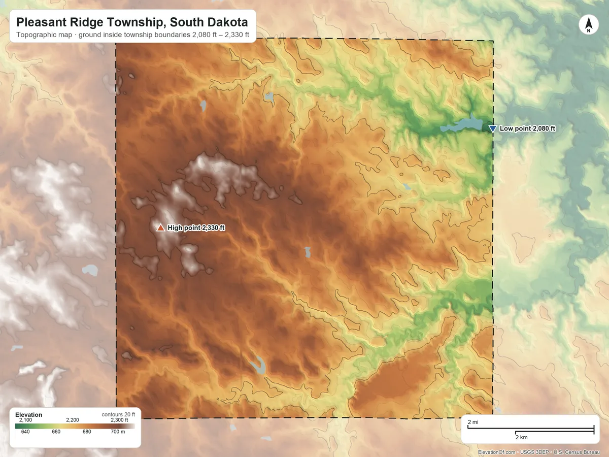 Topographic elevation map of Pleasant Ridge Township, South Dakota, shaded from 2,080 ft on the northeast side to 2,330 ft on the west side