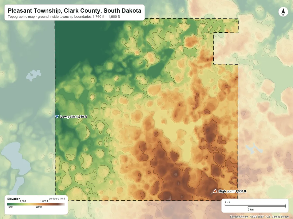 Topographic elevation map of Pleasant Township, Clark County, South Dakota, shaded from 1,760 ft on the southwest side to 1,900 ft on the southeast side