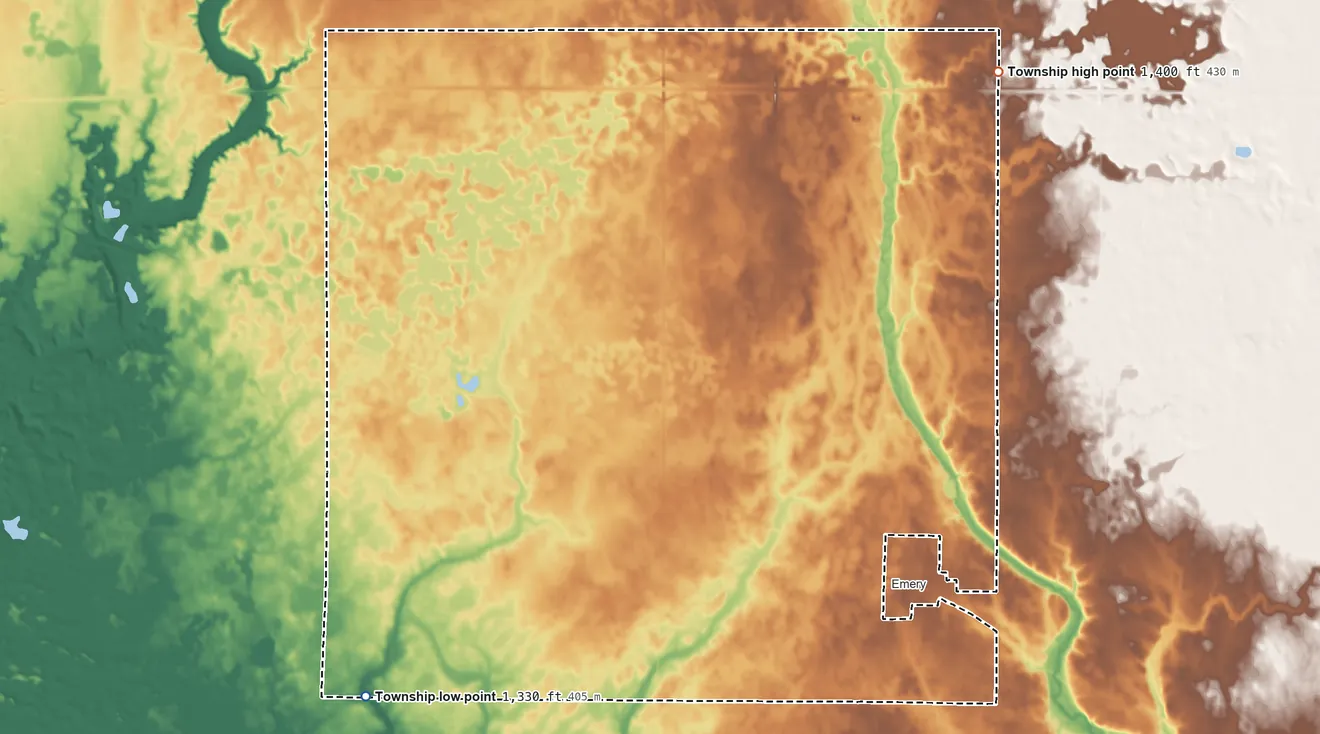 Topographic elevation map of Pleasant Township, Hanson County, South Dakota, shaded from 1,330 ft on the southwest side to 1,400 ft on the northeast side