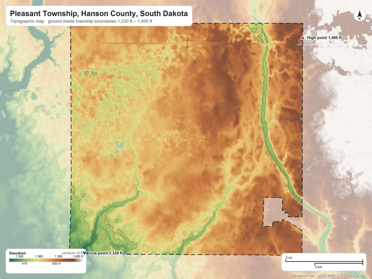 Topographic elevation map of Pleasant Township, Hanson County, South Dakota, shaded from 1,330 ft on the southwest side to 1,400 ft on the northeast side