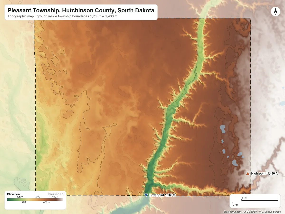 Topographic elevation map of Pleasant Township, Hutchinson County, South Dakota, shaded from 1,260 ft on the south side to 1,430 ft on the southeast side