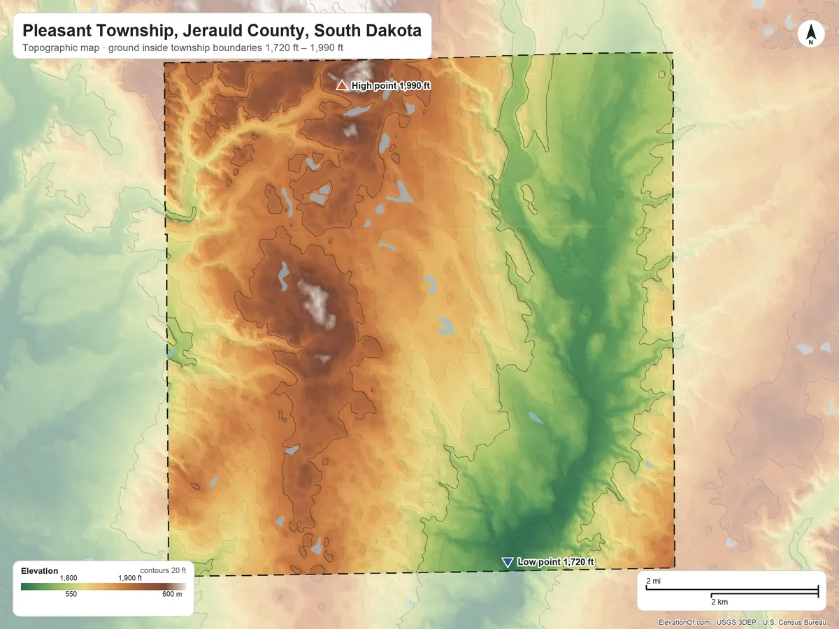 Topographic elevation map of Pleasant Township, Jerauld County, South Dakota, shaded from 1,720 ft on the south side to 1,990 ft on the northwest side