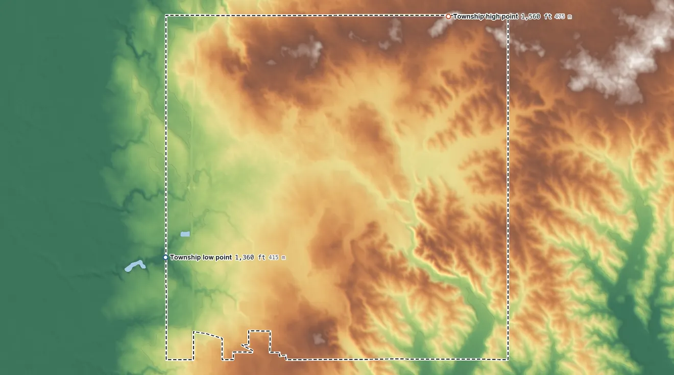 Topographic elevation map of Pleasant Township, South Dakota, shaded from 1,360 ft on the west side to 1,560 ft on the northeast side