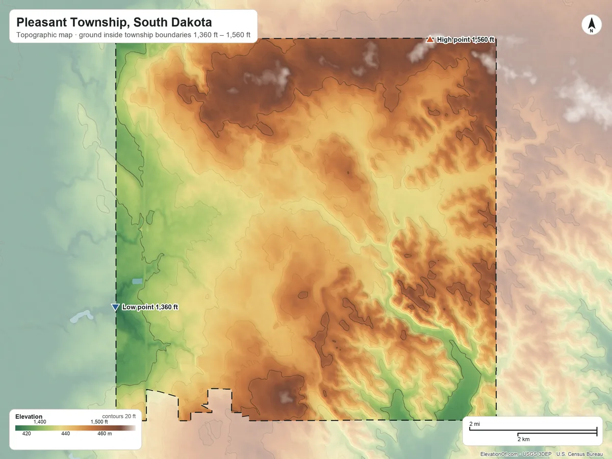 Topographic elevation map of Pleasant Township, South Dakota, shaded from 1,360 ft on the west side to 1,560 ft on the northeast side