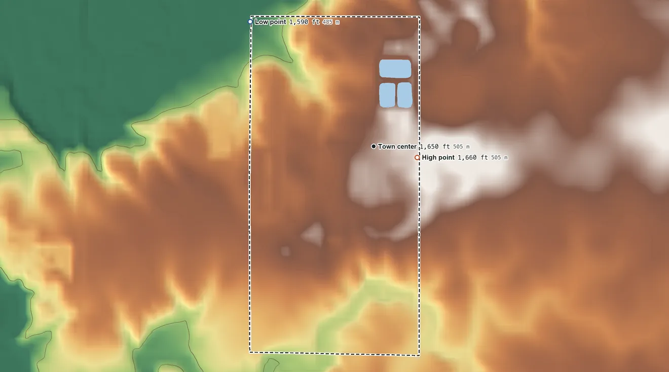 Topographic elevation map of Pleasant Valley Colony, South Dakota, shaded from 1,590 ft on the northwest side to 1,660 ft on the east side