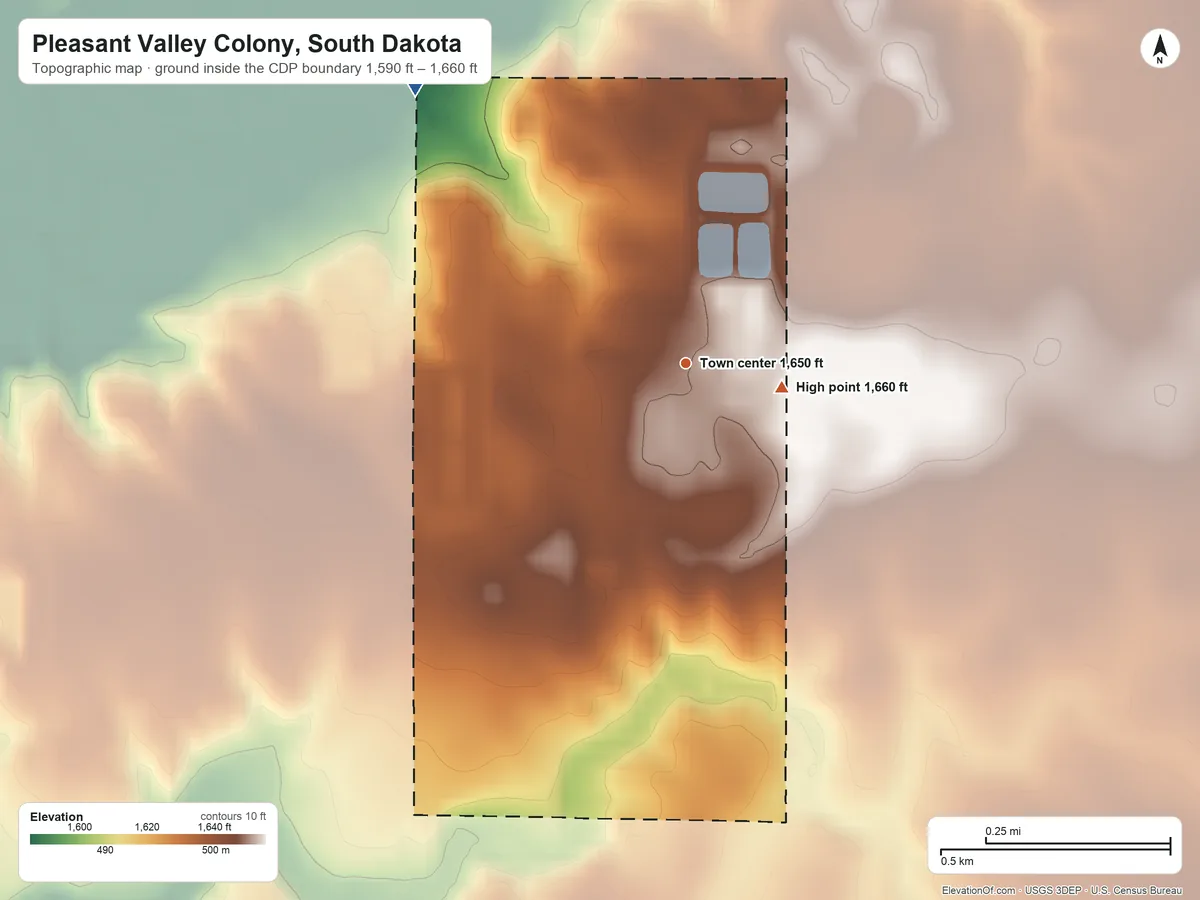 Topographic elevation map of Pleasant Valley Colony, South Dakota, shaded from 1,590 ft on the northwest side to 1,660 ft on the east side