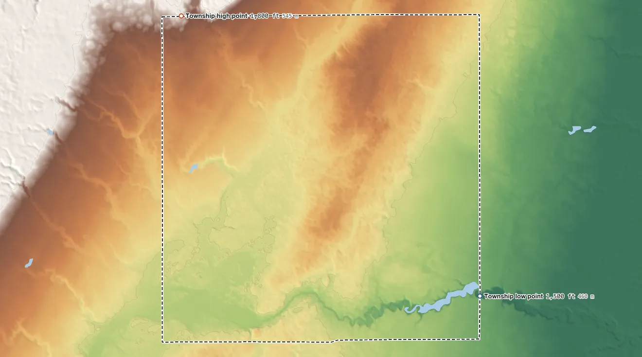 Topographic elevation map of Pleasant Valley Township, Aurora County, South Dakota, shaded from 1,500 ft on the southeast side to 1,800 ft on the northwest side