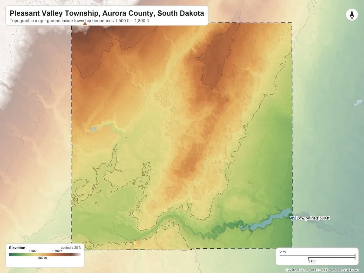 Topographic elevation map of Pleasant Valley Township, Aurora County, South Dakota, shaded from 1,500 ft on the southeast side to 1,800 ft on the northwest side