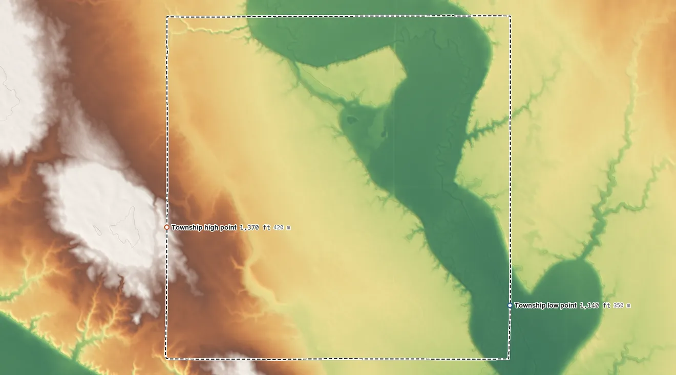 Topographic elevation map of Pleasant Valley Township, Clay County, South Dakota, shaded from 1,140 ft on the southeast side to 1,370 ft on the west side