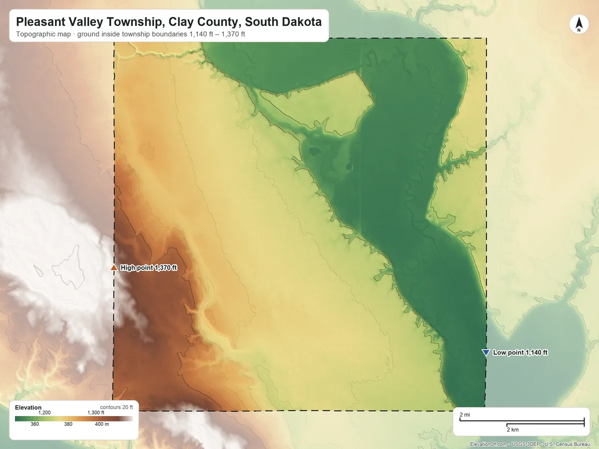 Topographic elevation map of Pleasant Valley Township, Clay County, South Dakota, shaded from 1,140 ft on the southeast side to 1,370 ft on the west side