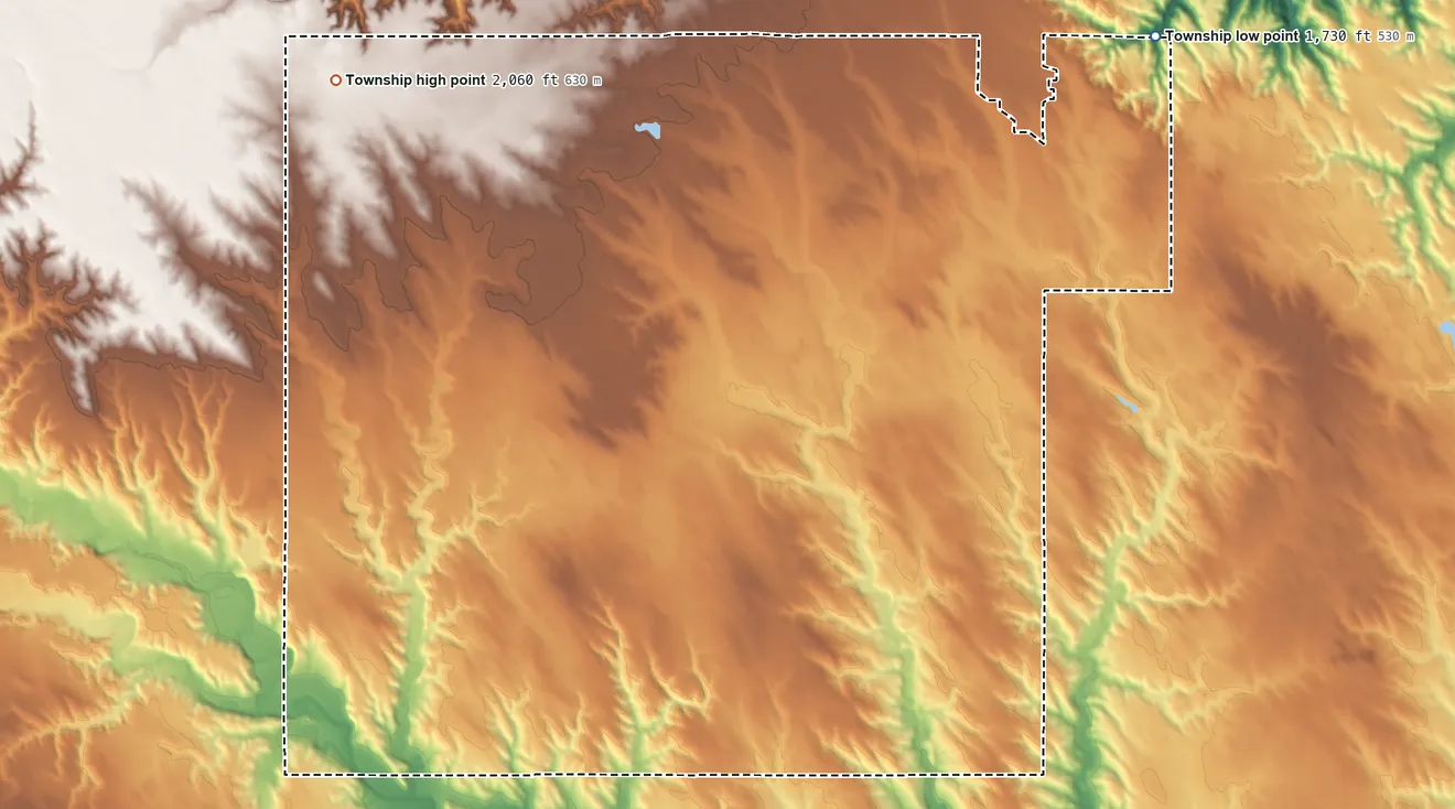 Topographic elevation map of Pleasant Valley Township, Gregory County, South Dakota, shaded from 1,730 ft on the east side to 2,060 ft on the northwest side