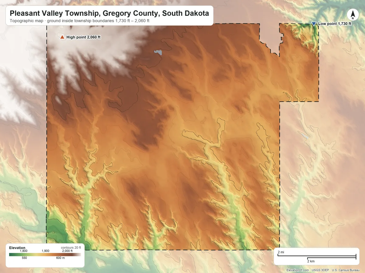 Topographic elevation map of Pleasant Valley Township, Gregory County, South Dakota, shaded from 1,730 ft on the east side to 2,060 ft on the northwest side