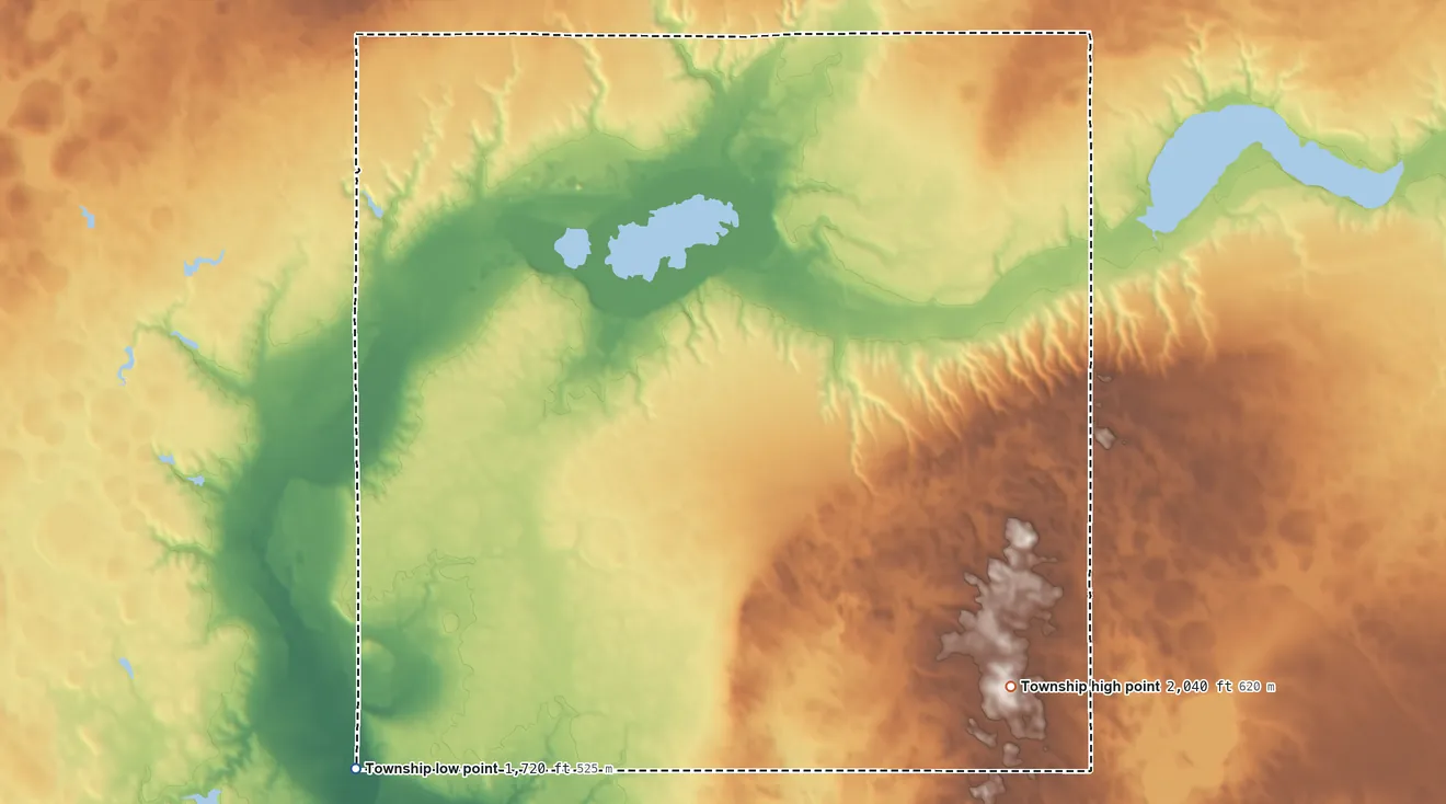 Topographic elevation map of Pleasant Valley Township, Hand County, South Dakota, shaded from 1,720 ft on the southwest side to 2,040 ft on the southeast side