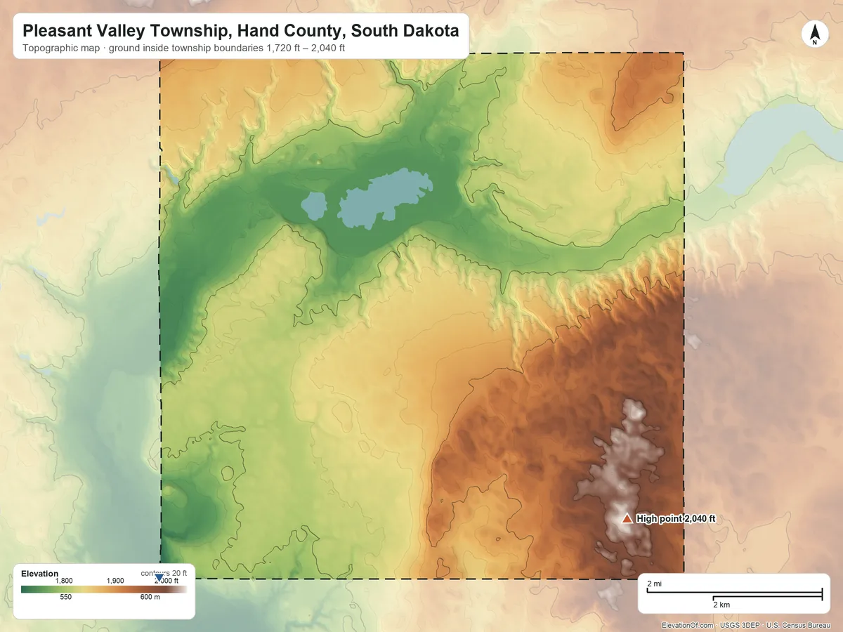 Topographic elevation map of Pleasant Valley Township, Hand County, South Dakota, shaded from 1,720 ft on the southwest side to 2,040 ft on the southeast side
