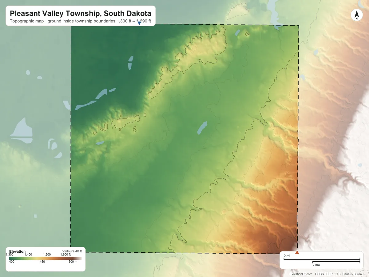 Topographic elevation map of Pleasant Valley Township, South Dakota, shaded from 1,300 ft on the north side to 1,690 ft on the southeast side