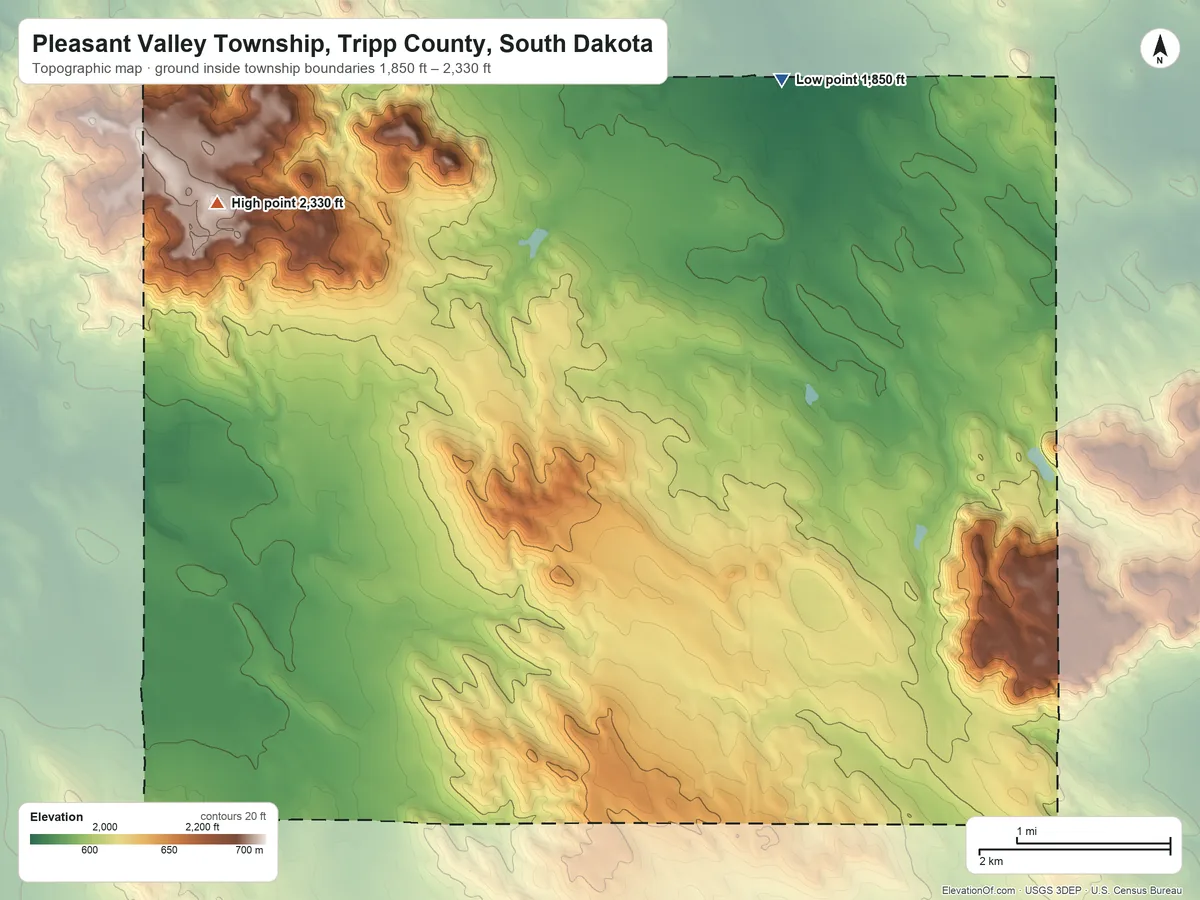Topographic elevation map of Pleasant Valley Township, Tripp County, South Dakota, shaded from 1,850 ft on the northeast side to 2,330 ft on Bradleyon Butte