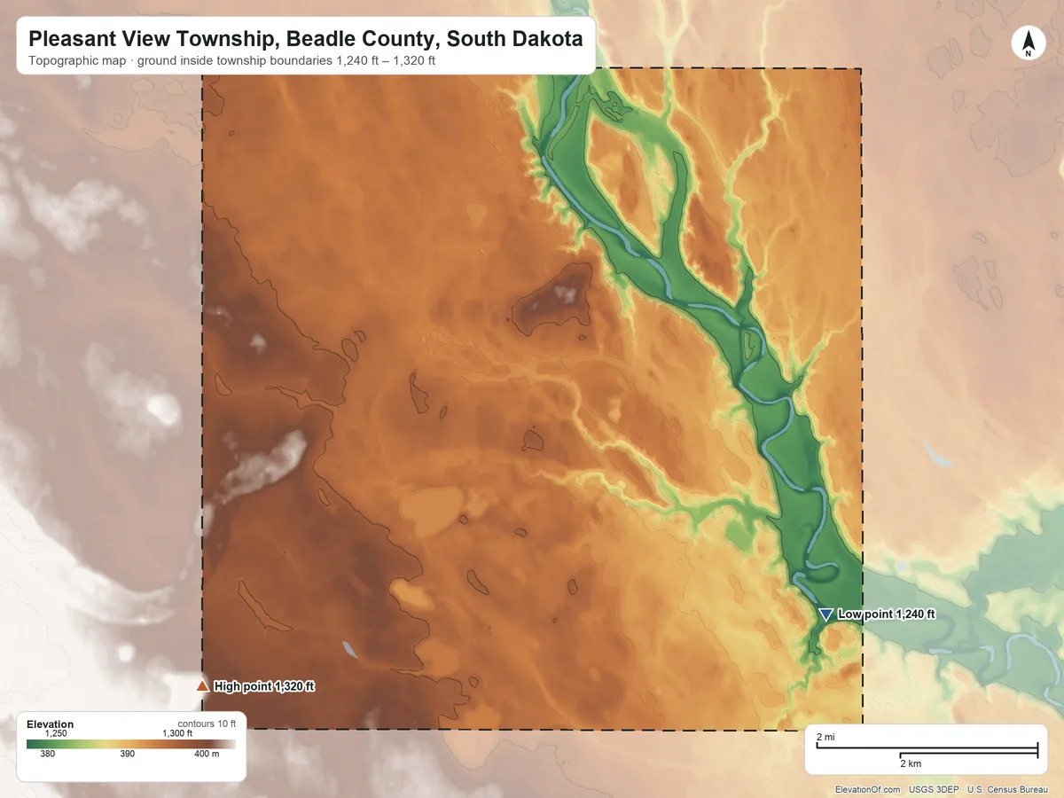 Topographic elevation map of Pleasant View Township, Beadle County, South Dakota, shaded from 1,240 ft on the southeast side to 1,320 ft on the southwest side