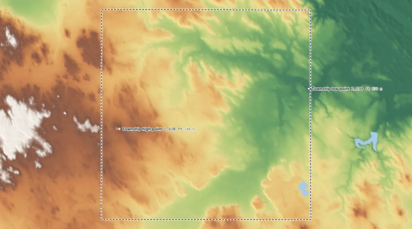 Topographic elevation map of Pleasant View Township, South Dakota, shaded from 2,190 ft on the northeast side to 2,420 ft on the west side