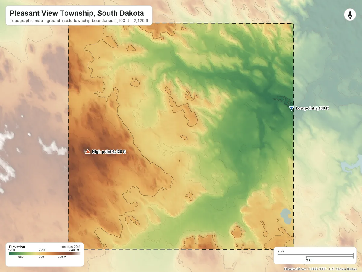 Topographic elevation map of Pleasant View Township, South Dakota, shaded from 2,190 ft on the northeast side to 2,420 ft on the west side