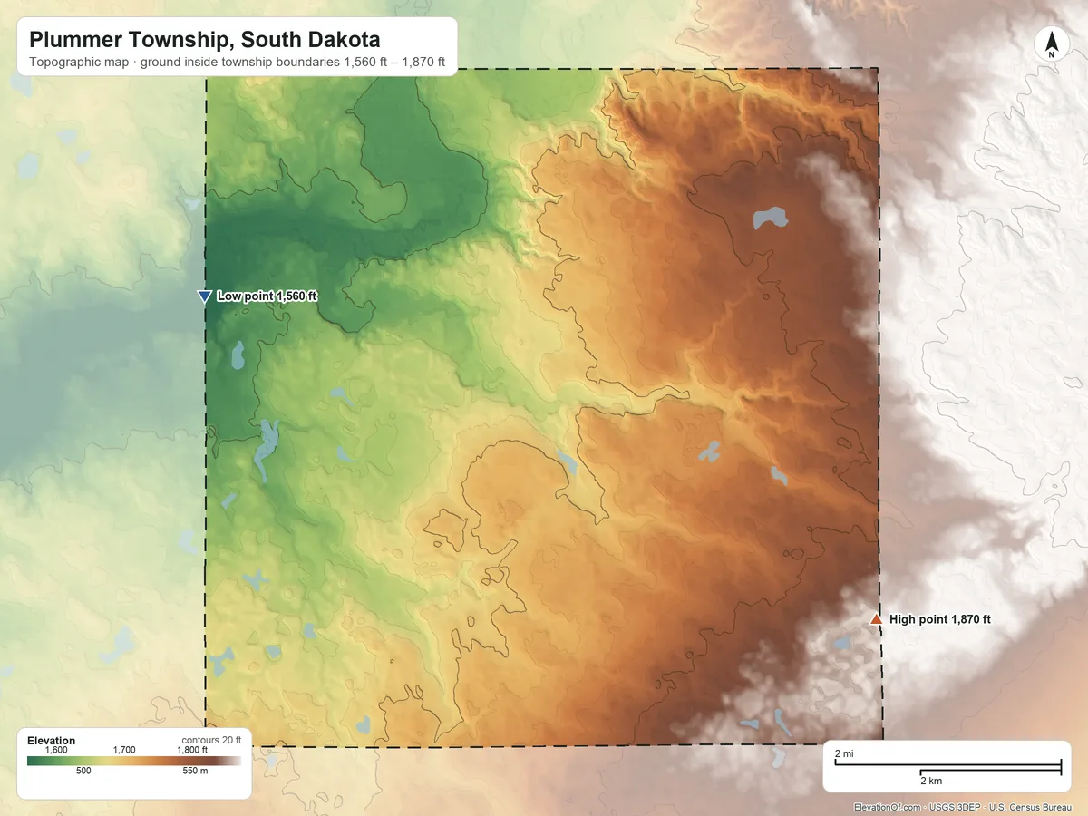 Topographic elevation map of Plummer Township, South Dakota, shaded from 1,560 ft on the west side to 1,870 ft on the southeast side