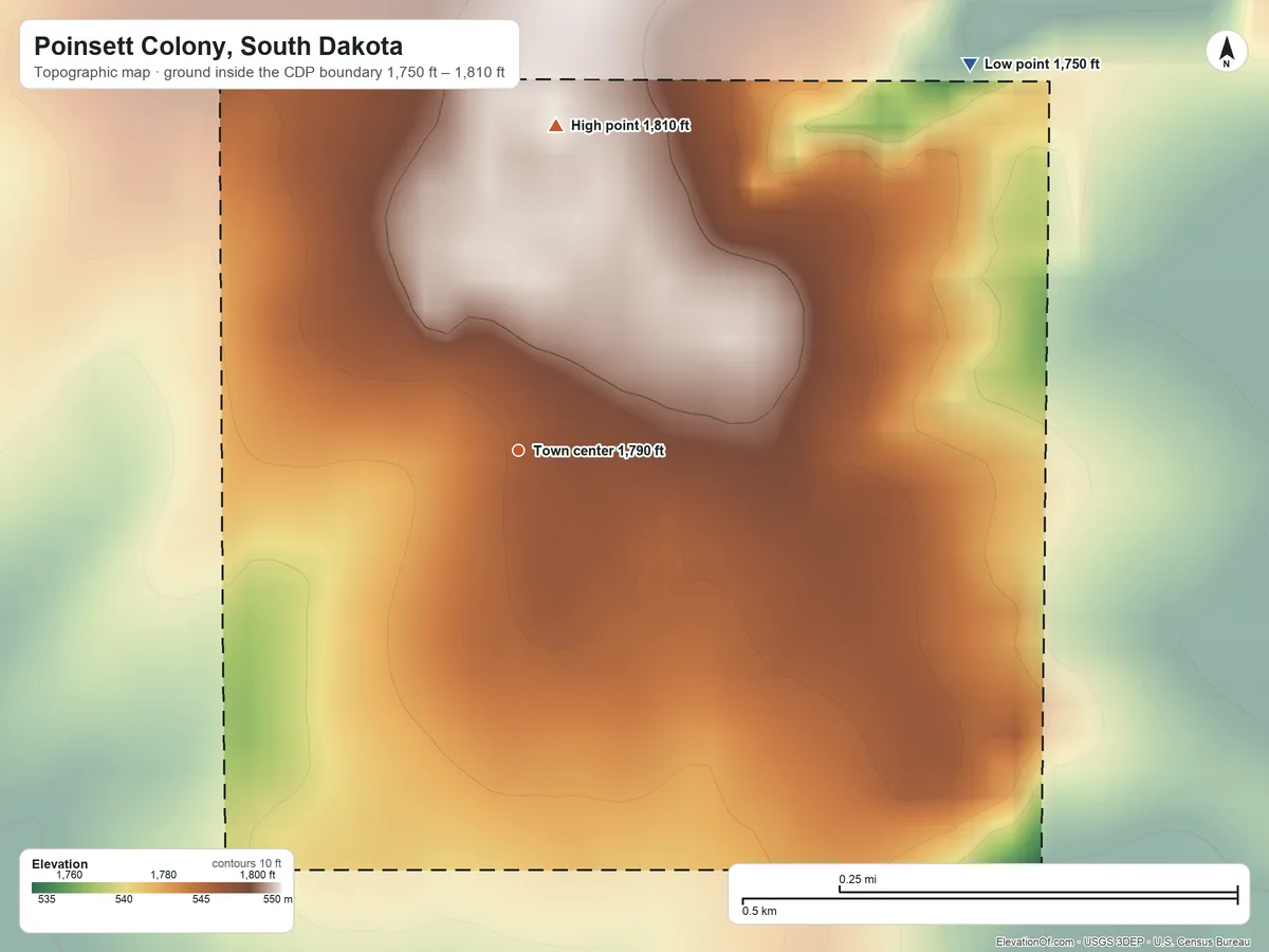 Topographic elevation map of Poinsett Colony, South Dakota, shaded from 1,750 ft on the northeast side to 1,810 ft on the north side