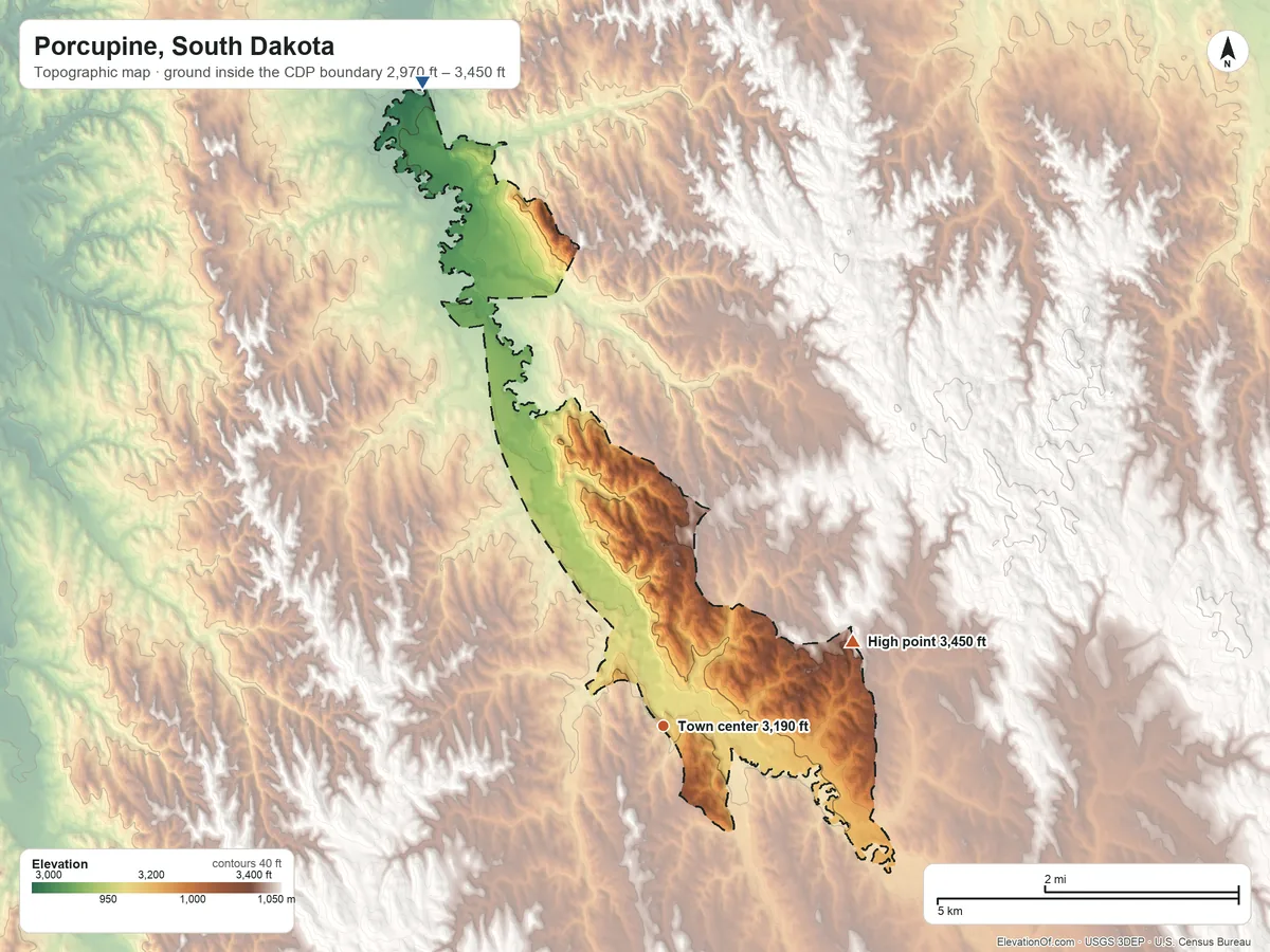 Topographic elevation map of Porcupine, South Dakota, shaded from 2,970 ft on the north side to 3,450 ft on the northeast side