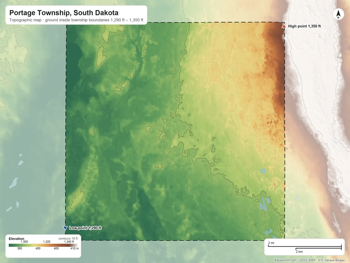 Topographic elevation map of Portage Township, South Dakota, shaded from 1,290 ft on the southwest side to 1,350 ft on the northeast side