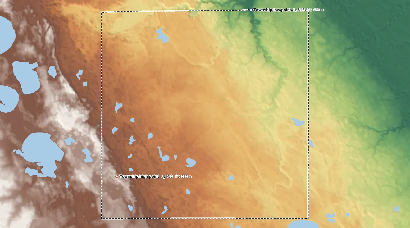 Topographic elevation map of Portland Township, South Dakota, shaded from 1,510 ft on the north side to 1,910 ft on the southwest side