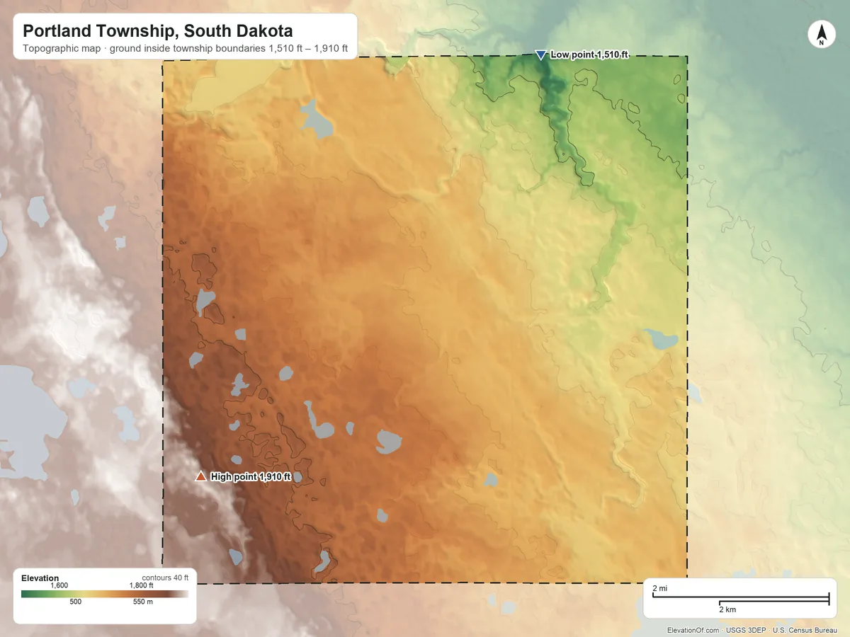 Topographic elevation map of Portland Township, South Dakota, shaded from 1,510 ft on the north side to 1,910 ft on the southwest side